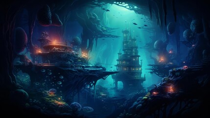 A deep sea adventure with submarines and fantastical sea creatures in a glowing, mysterious abyss