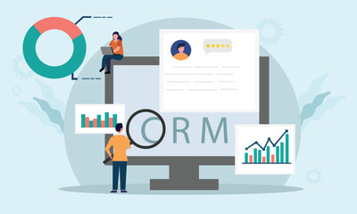 CRM - Customer relationship management concept. Businessman perform data analysis. Flat cartoon style Vector illustration.