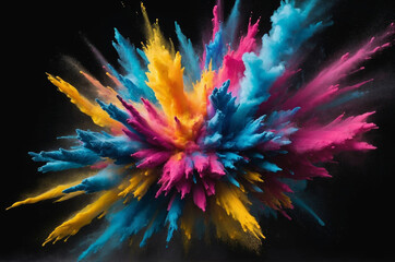 Obraz premium Vibrant colorful explosion of yellow blue and pink powder paint against black background