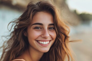 Fototapeta premium Close-up of a joyful young woman smiling outdoors with beachy hair and a natural glow