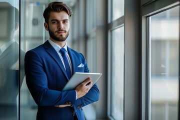 Professional Businessman with Tablet in Modern Office Setting Entrepreneur Workspace
