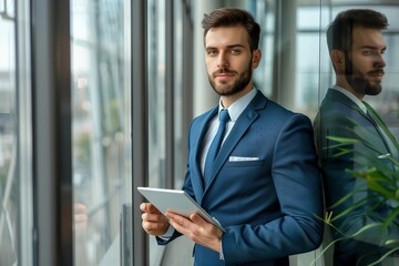Fototapeta premium Professional Businessman with Tablet in Modern Office Setting Entrepreneur Workspace
