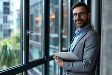 Fototapeta premium Professional Businessman with Tablet in Modern Office Setting Entrepreneur Workspace