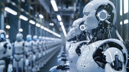 Fototapeta premium These robots exhibit advanced AI capabilities and are equipped with intricate mechanical parts, performing tasks with precision and efficiency.