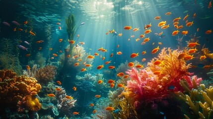 Fototapeta na wymiar stunning underwater view of a coral reef bustling with life, showcasing an array of fish species and coral varieties Generative AI