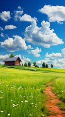 Obraz premium wooden house isolated on meadow wallpaper 