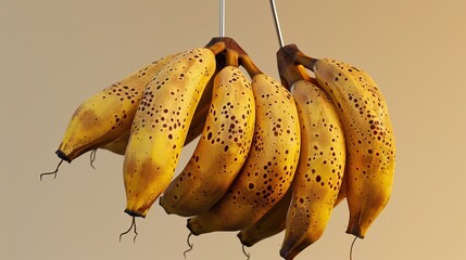 a banana hook, their vibrant yellow peels speckled with brown spots indicating optimal ripeness. The bananas are plump and slightly curved, ready to be peeled 