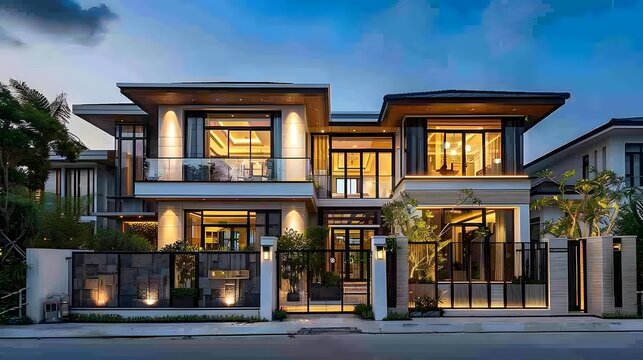 A modern two-story villa with white walls and a black metal fence in front of the main gate, located on an island street surrounded by other houses.