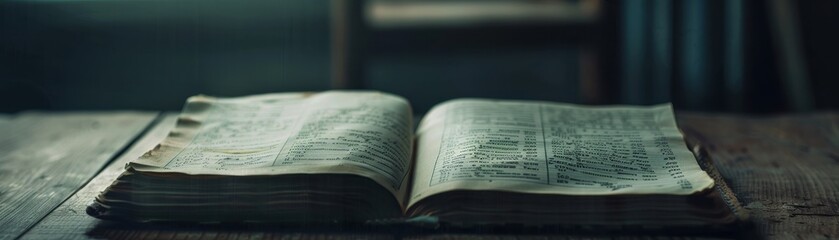 Fototapeta premium Open ledger book with dark shadowy backdrop, realistic economic downturn