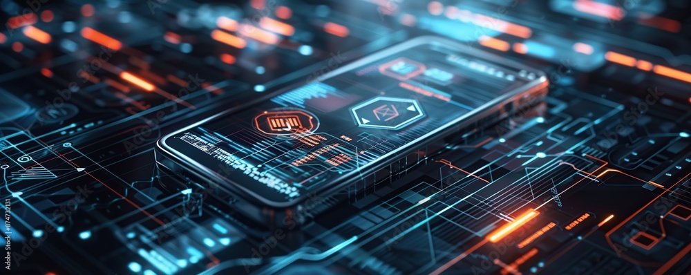 Poster Futuristic digital technology smartphone with biometric screen. Big data visualization concept.