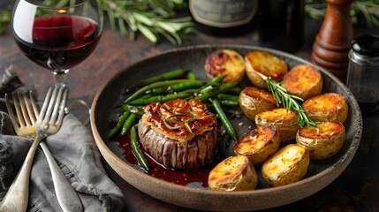 Gourmet Dinner Plate with Filet Mignon, Potatoes, and Green Beans