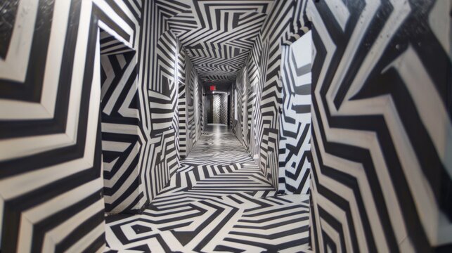A hallway that appears to have no beginning or end with the walls covered in constantly shifting geometric patterns and shapes.