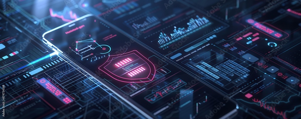 Poster Digital security system with holographic data a phone and shield icon on a dark background.