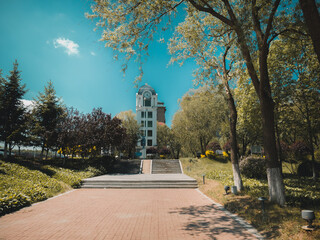 Beautiful city street scene under blue sky, Changchun, China