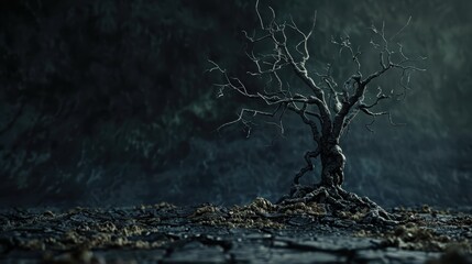 Withered tree, parched cracked soil, dark backdrop, realistic environmental downturn