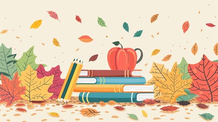 Fall foliage, schoolbooks and pencils, flat design illustration