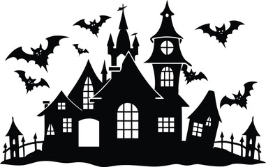 A Silhouette Vector Of Halloween Haunted House, Haunted House silhouette vector collection, Ghost House silhouette, halloween at night and bats house
