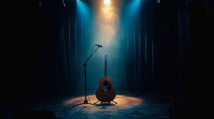 Acoustic guitar and microphone on an empty stage illuminated by spotlight, creating a mood for live performance.