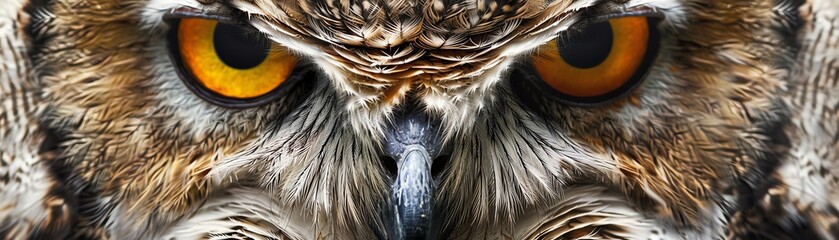 Enhance the details of an owl's face, showing the eyes, beak, and feathers in stunning clarity