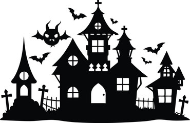 A Silhouette Vector Of Halloween Haunted House, Haunted House silhouette vector collection, Ghost House silhouette, halloween at night and bats house
