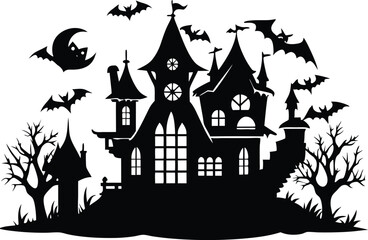 A Silhouette Vector Of Halloween Haunted House, Haunted House silhouette vector collection, Ghost House silhouette, halloween at night and bats house
