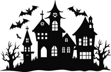 A Silhouette Vector Of Halloween Haunted House, Haunted House silhouette vector collection, Ghost House silhouette, halloween at night and bats house
