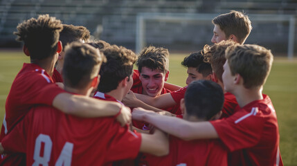 Young soccer team huddling together on a sunny field, preparing for the game with intense focus and camaraderie