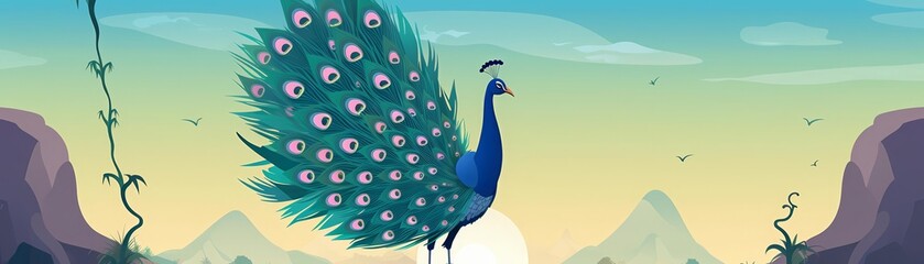 Dancing peacock cartoon flat design side view zoo theme animation Complementary Color Scheme