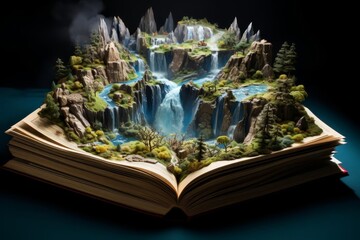 A giant book with pages turning, revealing different fantasy landscapes and characters