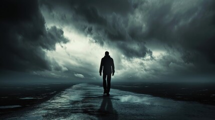 Persons shadow walking away, dark gloomy sky in background, realistic imagery