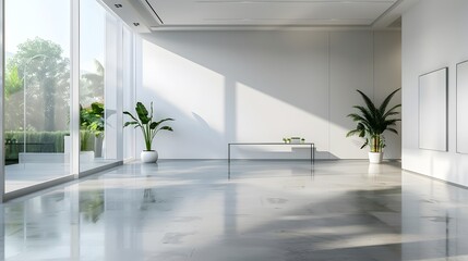 Fototapeta premium Modern office interior with glass walls, large windows and polished concrete floor. The space is well-lit by natural light, creating an atmosphere of spaciousness and sophistication.