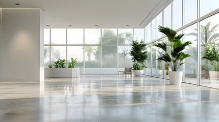 Obraz premium Modern office interior with glass walls, large windows and polished concrete floor. The space is well-lit by natural light, creating an atmosphere of spaciousness and sophistication.