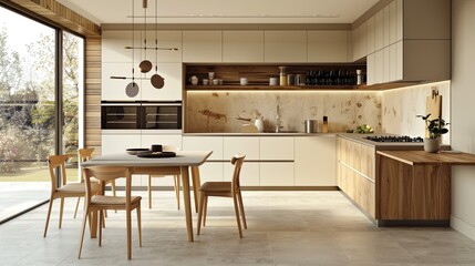 minimalist kitchen design interior with beige and white color tone, dining room