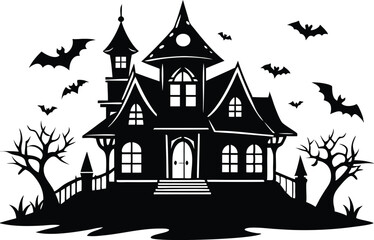 A Silhouette Vector Of Halloween Haunted House, Haunted House silhouette vector collection, Ghost House silhouette, halloween at night and bats house
