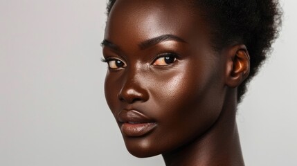 Striking studio image of an African American woman, her perfect skin and understated makeup setting a new standard for beauty portraits