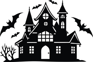 A Silhouette Vector Of Halloween Haunted House, Haunted House silhouette vector collection, Ghost House silhouette, halloween at night and bats house
