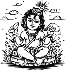 vector sketch hand drawn single line art coloring page line drawing lord krishna