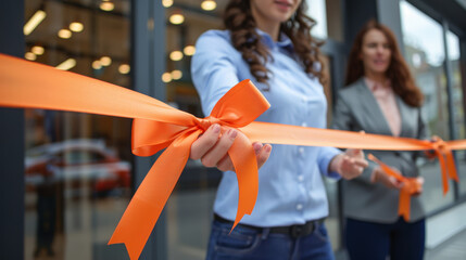 Two women holding a large orange ribbon at a ribbon cutting ceremony, symbolizing the opening of a new business.