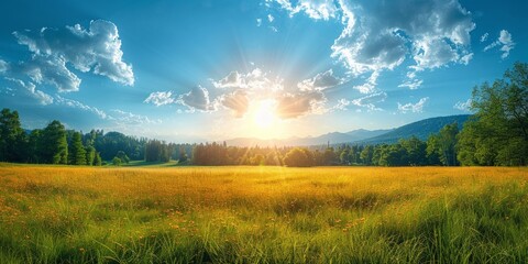 Golden Sunset Over Rolling Countryside Fields: A Tranquil Rural Scene