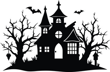 A Silhouette Vector Of Halloween Haunted House, Haunted House silhouette vector collection, Ghost House silhouette, halloween at night and bats house
