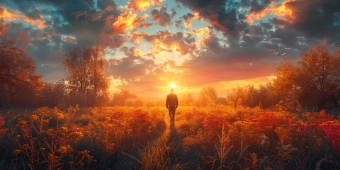 Fototapeta premium Golden Sunset Over Rolling Countryside Fields: A Tranquil Rural Scene