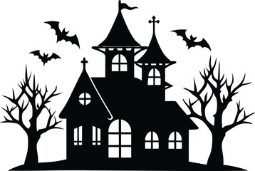 A Silhouette Vector Of Halloween Haunted House, Haunted House silhouette vector collection, Ghost House silhouette, halloween at night and bats house
