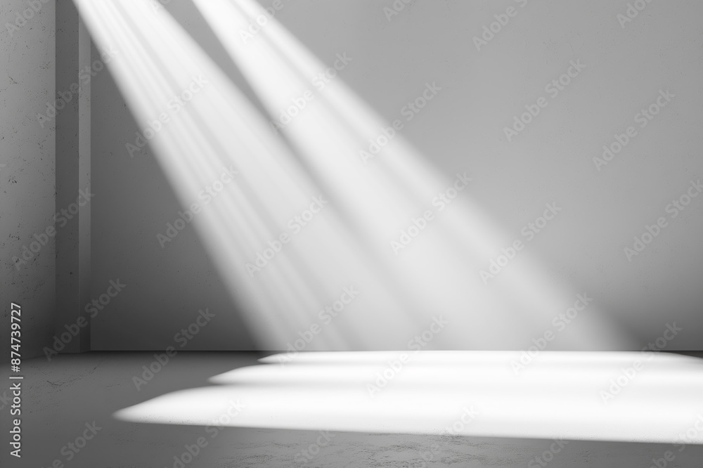 Poster Sunlight streaming through a window, casting rays and shadows on a blank wall and floor, concept of spaciousness. Generative AI