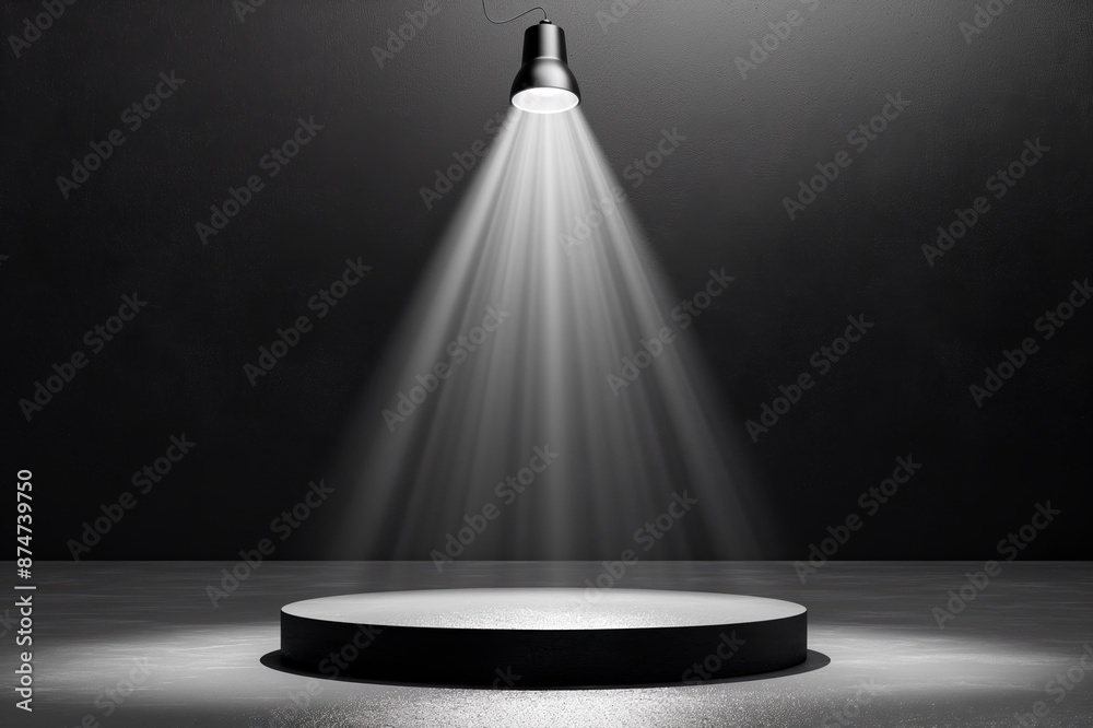 Poster spotlight illuminating an empty circular pedestal on a dark background, concept of presentation. gen