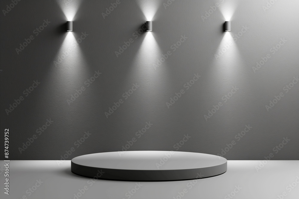 Poster a circular pedestal with spotlights on a gray background, concept of modern showcase. generative ai