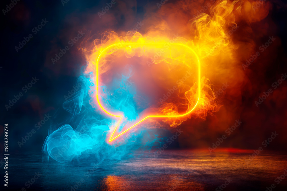 Poster glowing speech bubble with fiery colors on a textured, dark background, concept of communication. ge