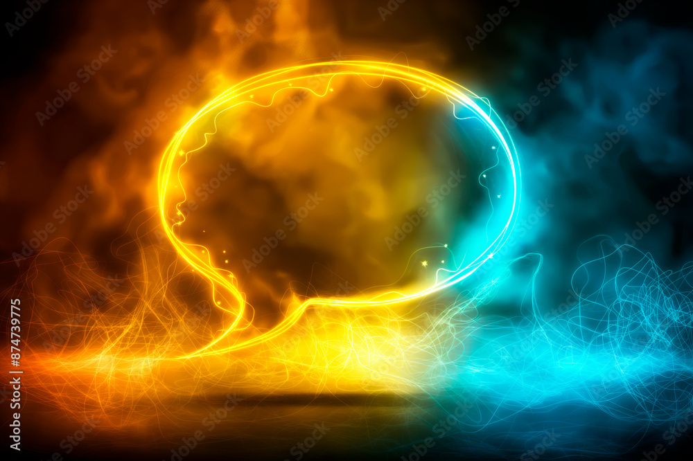 Poster Neon outline of a human head profile with dynamic light effects on a dark smoky background, visualizing a concept of creativity. Generative AI