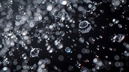 Refined visual of tiny diamond-like crystals floating in a transparent gel, against a deep charcoal grey background. an element of luxurious allure, perfect for a captivating visual display.