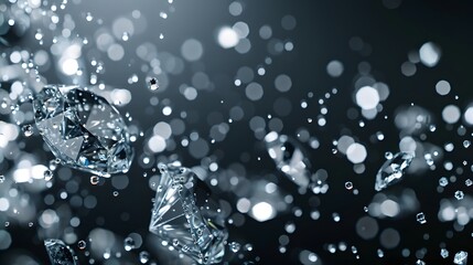 Refined visual of tiny diamond-like crystals floating in a transparent gel, against a deep charcoal grey background. an element of luxurious allure, perfect for a captivating visual display.