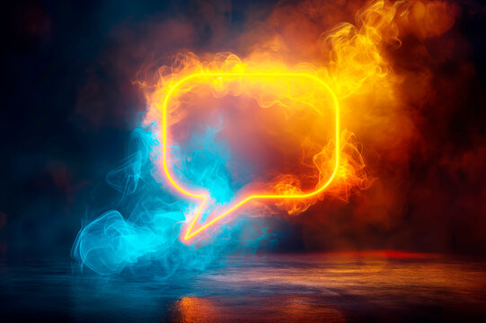 Glowing speech bubble with fiery colors on a textured, dark background, concept of communication. Generative AI - Powered by Adobe